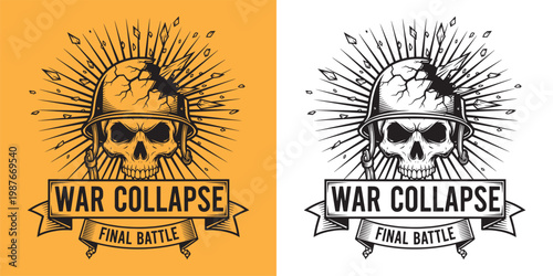 War Collapse Final Battle Cracked Military Helmet Skull Illustration
