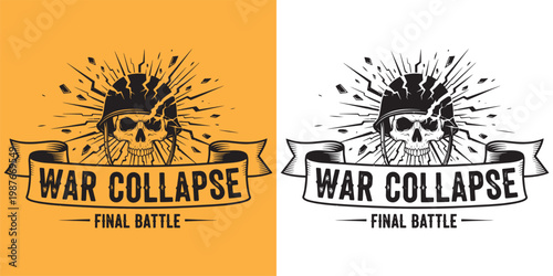 War Collapse Final Battle Skull In Cracked Helmet Gritty Vintage Art