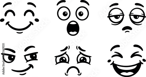 Black and white cartoon faces showing happy surprised tired sly sad and laughing emotions
