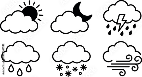 Black and white weather icons showing sun moon rain snow wind and thunderstorm