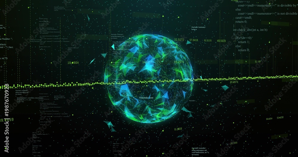 Naklejka premium Rotating luminous data sphere reacting to bisecting waveform in data void, ejecting shards and code