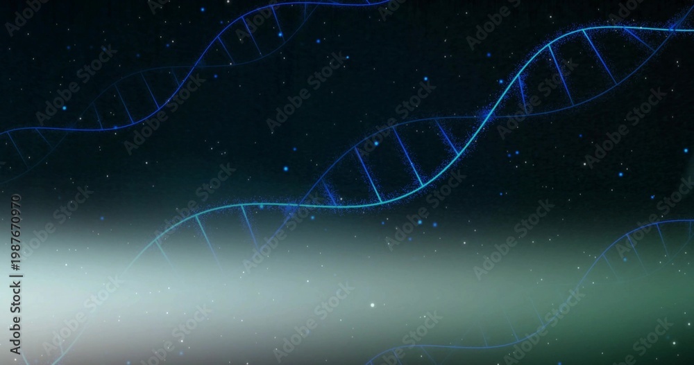 Fototapeta premium Glowing neon-blue DNA helices arcing across cosmic backdrop, with rungs, mist band, star particles