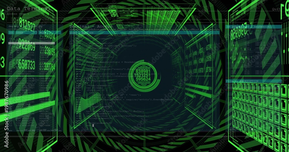 Fototapeta premium Pulsing central HUD projecting concentric rings and readouts in neon data tunnel, with code panels