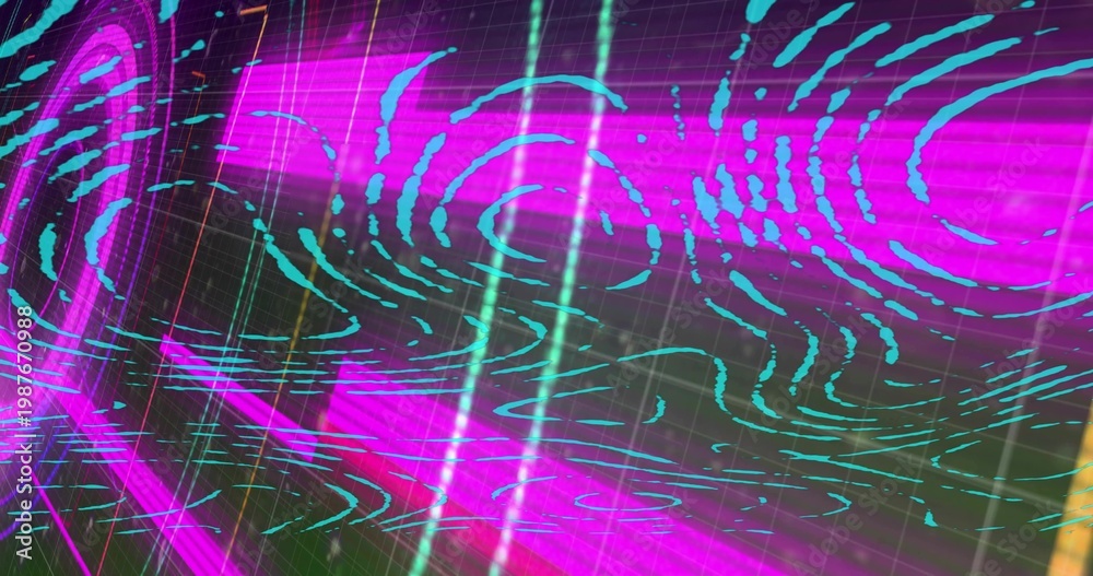 Fototapeta premium Swirling magenta cyan light patterns moving across virtual studio grid, with neon beams and gold