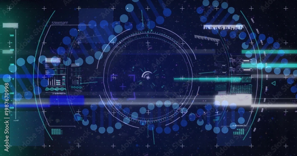 Fototapeta premium Displaying sci-fi HUD filling center of digital screen, showing circular reticle, node arcs, panels