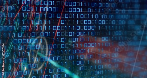 Showing cyan binary 1s0s overlay on screen, feed arriving, showing red green graphs, silhouette