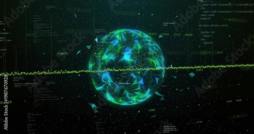 Rotating luminous data sphere reacting to bisecting waveform in data void, ejecting shards and code