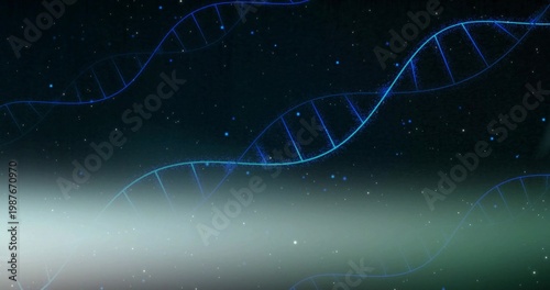 Glowing neon-blue DNA helices arcing across cosmic backdrop, with rungs, mist band, star particles
