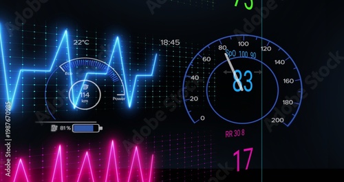 Displaying digital dashboard HUD glowing on dark backdrop, with speedometer, neon ECG waveform