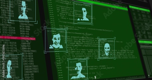 Displaying central GUI overlaying facial headshots on green code on monitor, showing redacted lines
