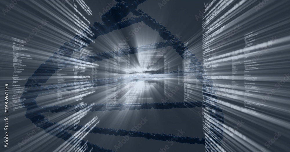 Obraz premium Rotating stylized DNA double helix through virtual data tunnel, with code columns and light flare