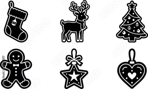 Black and white christmas icons with stocking reindeer tree gingerbread star and heart ornaments