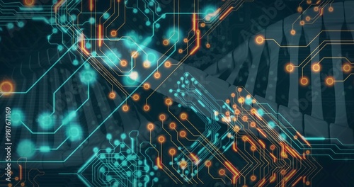 Displaying circuitry and DNA double helix centered in graphic, with glowing teal and orange nodes