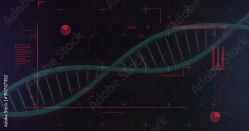 Displaying teal green DNA helix running diagonally across hex grid HUD, showing red data overlays