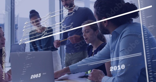 Collaborating five professionals in business-casual at office table, with laptop and code overlays