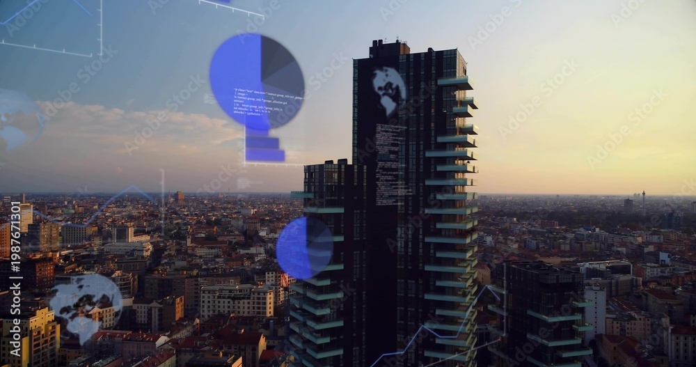 Fototapeta premium Displaying dark glass high-rise tower reflecting warm sunset from rooftop, with HUD elements