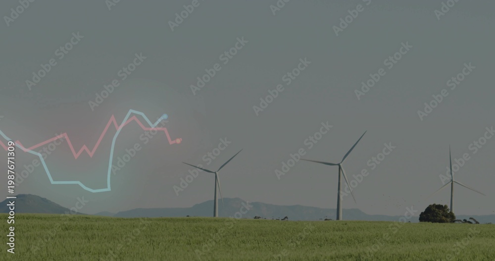 Fototapeta premium Showing three white wind turbines turning over rural wind farm, with distant hills, shrub, graph
