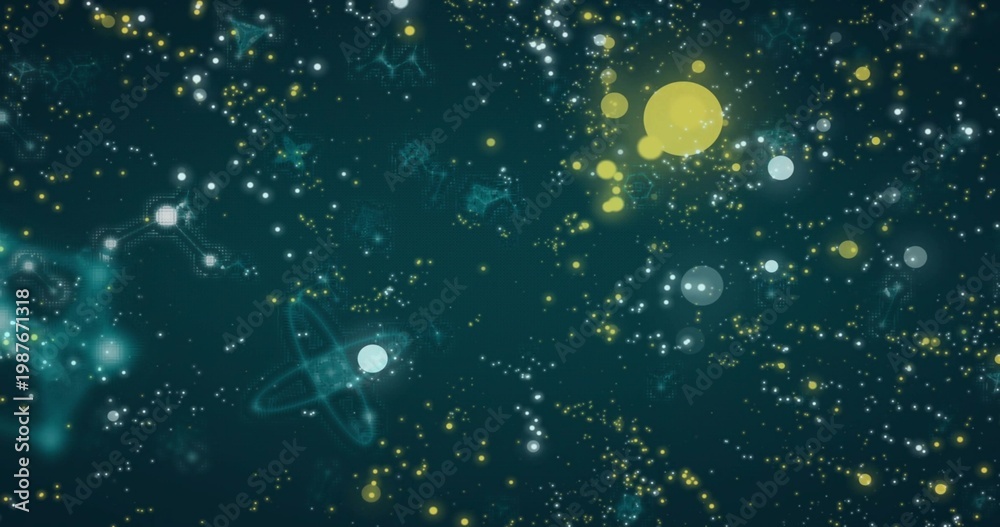 Fototapeta premium Glowing large yellow orb dominating right side deep teal starfield, with pale blue orbs, copy space