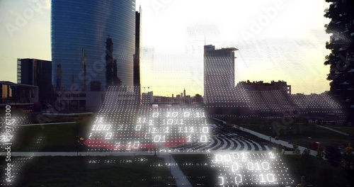 Projecting AR binary overlay across plaza at dusk, covering stepped seating and glass tower