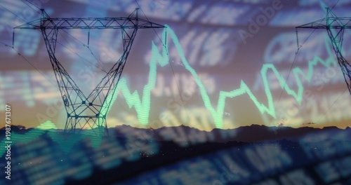 Displaying lattice steel pylons intersecting glowing cyan line graph over twilight ridge, ticker