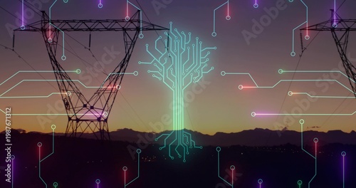 Glowing neon circuit-tree graphic hovering over ridge at dusk, linking pylons and power lines