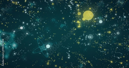 Glowing large yellow orb dominating right side deep teal starfield, with pale blue orbs, copy space