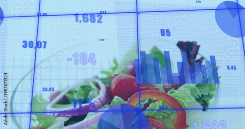 Displaying glass salad bowl at studio, with lettuce, tomato, cucumber under blue data grid and bars