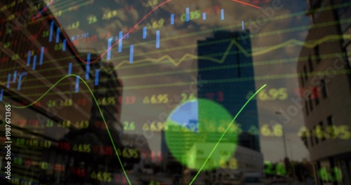 Overlaying translucent candlestick charts, lines, tickers over downtown street with green highlight