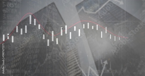 Displaying chart overlay at urban skyline, showing white candlestick bars and red trend line
