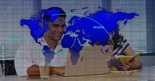 Map overlay appearing, pair consulting laptop, writing in yellow notebook in office for report