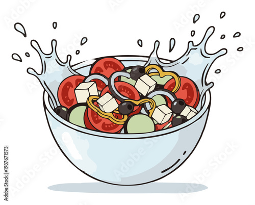 Greek salad bowl splash vector illustration art. Generative AI