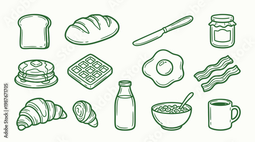 A collection of delicious breakfast food items including toast, bread, pancakes, waffles, croissants, bacon, eggs, cereal, jam, milk, and coffee.