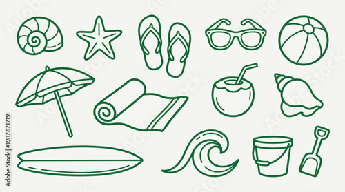 A collection of charming green line art illustrations depicting various beach and summer vacation essentials, perfect for design projects.