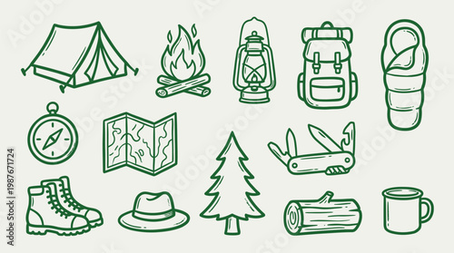 A collection of hand-drawn camping and outdoor adventure icons, including a tent, campfire, lantern, backpack, sleeping bag, compass, map, boots, hat, tree, multi-tool, log, and mug.