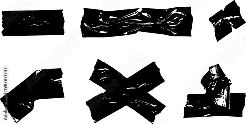 Black wrinkled tape strips and cross icon set vector art