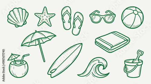 A collection of hand-drawn summer beach icons, including a seashell, starfish, flip-flops, sunglasses, beach ball, umbrella, coconut drink, surfboard, towel, wave, and sand bucket with a shovel.