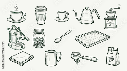 A collection of hand-drawn illustrations depicting various coffee-making tools and accessories, including a coffee grinder, espresso machine, kettle, cups, and beans.