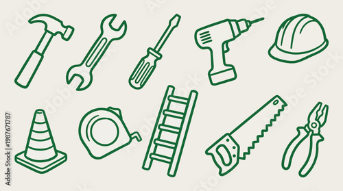 A collection of various construction and DIY tools, including a hammer, wrench, screwdriver, drill, hard hat, traffic cone, measuring tape, ladder, saw, and pliers.