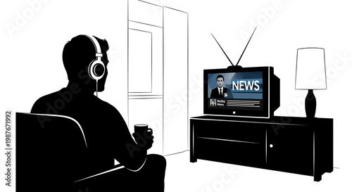 Vector illustration of man with headphones watching news on TV