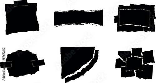 Black torn paper pieces with tape vector art collection in flat design