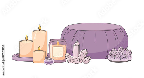 Meditation Still Life Illustration with Zafu Crystals and Candles