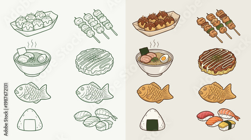 A visual comparison of Japanese street food and snacks, showcasing both illustrated outlines and colorful finished versions.