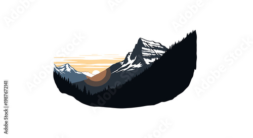 Minimalist Vector Illustration of Snow Capped Mountains at Sunrise