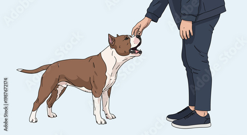 Vector illustration of a person petting a loyal pit bull dog