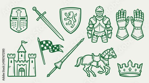 A collection of medieval knightly and castle-related icons, including a helmet, sword, shield, armor, gauntlets, castle, flag, lance, horse, and crown, all in a green outline style.