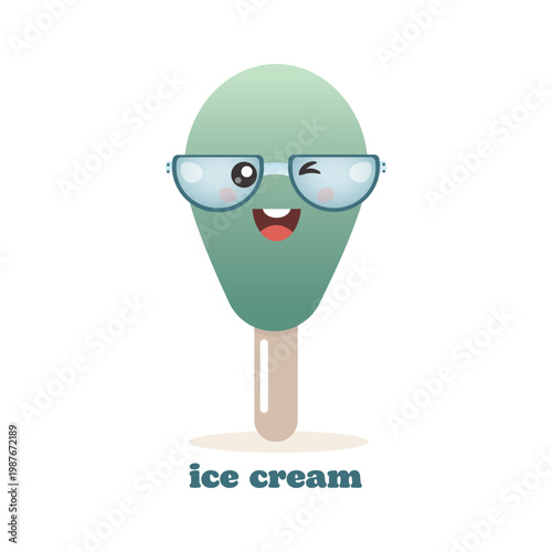 A cheerful cartoon illustration of a green ice cream popsicle with anthropomorphic features.