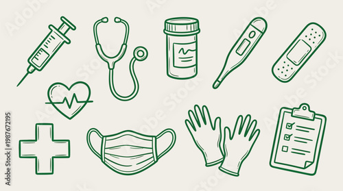 A collection of hand-drawn medical icons including a syringe, stethoscope, pill bottle, thermometer, bandage, heart monitor, medical cross, face mask, gloves, and clipboard.