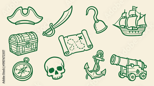A collection of classic pirate-themed illustrations including a ship, treasure chest, map, sword, hook, cannon, anchor, compass, and skull.