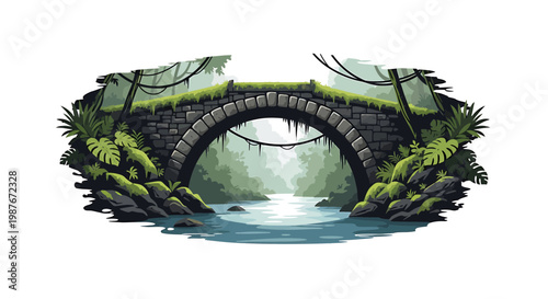 Ancient Stone Arch Bridge in Tropical Jungle Vector Illustration