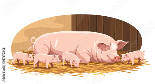 Sow and Little Piglets Resting on Straw in Barn Vector